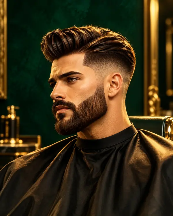 Classic pompadour with a low fade and groomed beard