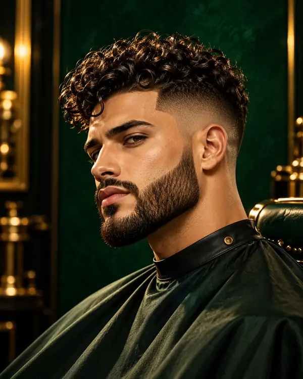 Curly top with a high fade and sculpted full beard