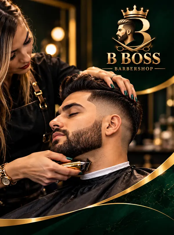 B Boss barber trimming a client&rsquo;s beard with a gold trimmer in the shop