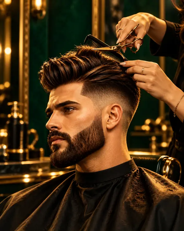 Barber finishing a textured pompadour with scissors and comb over a clean skin fade