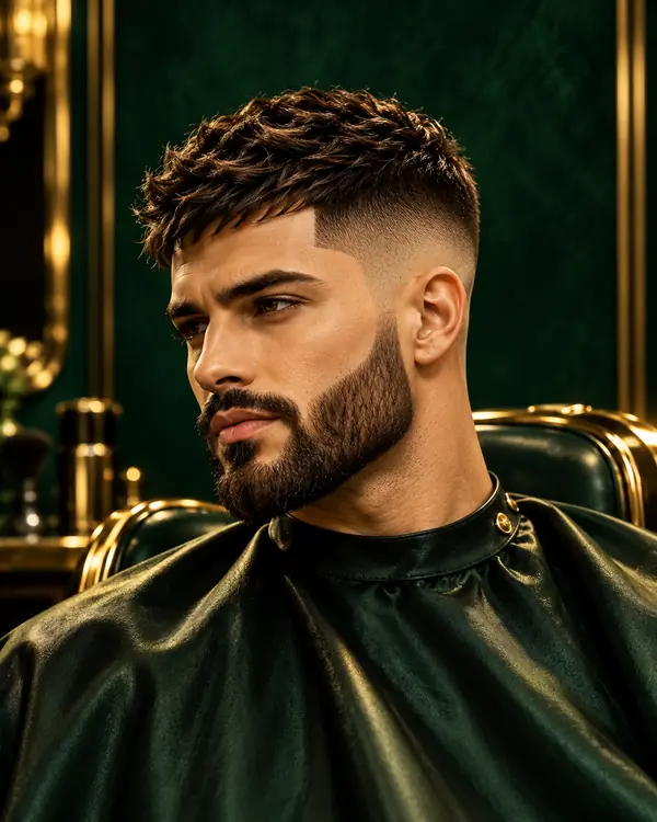 Textured crop with a mid fade and full beard